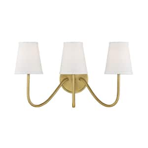 Meridian 20 in. W x 11.25 in. H 3-Light Natural Brass Wall Sconce with White Fabric Shades
