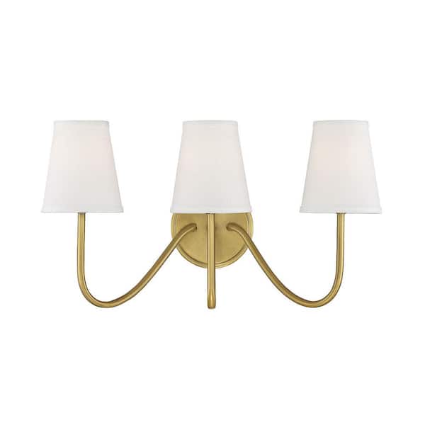 TUXEDO PARK LIGHTING 20 in. W x 11.25 in. H 3-Light Natural Brass Wall Sconce with White Fabric Shades