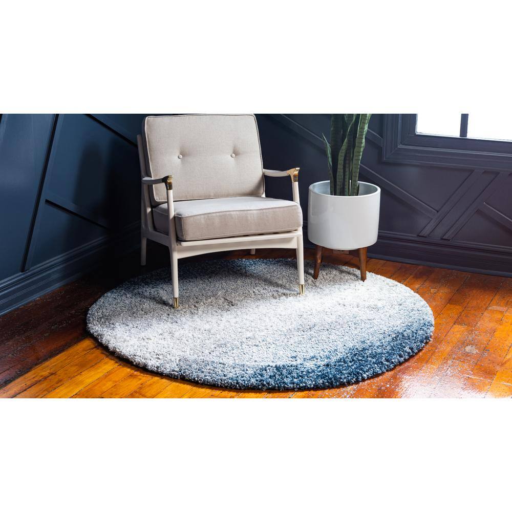 Luxurious Handmade Blue Geometric Shag Round Rug, 5' Diameter