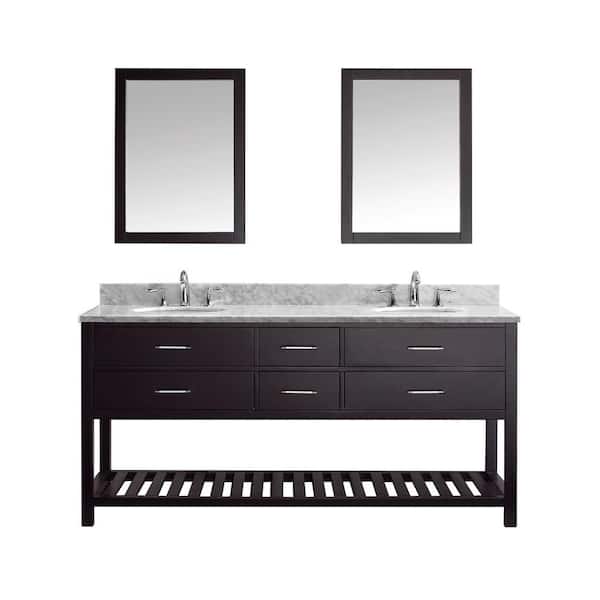 Virtu USA Caroline Estate 72 in. W Bath Vanity in Espresso with Marble Vanity Top in White with Round Basin and Mirror