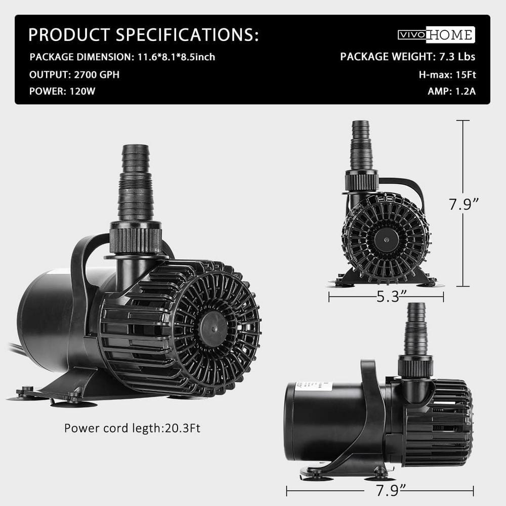 Black 120W Submersible Water Pump for Koi Pond and Aquarium