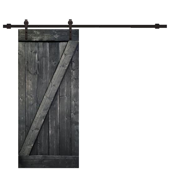 CALHOME Z Series 30 in. x 84 in. Metallic Gray Knotty Pine Wood Interior Sliding Barn Door with Hardware Kit