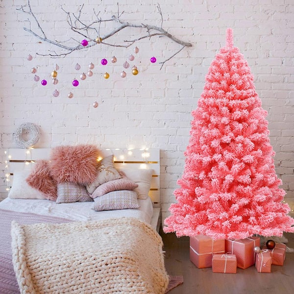7.5 ft. Artificial Snow Flocked Pink Christmas Unlit Xmas PVC Tree GYM08592 - The Depot