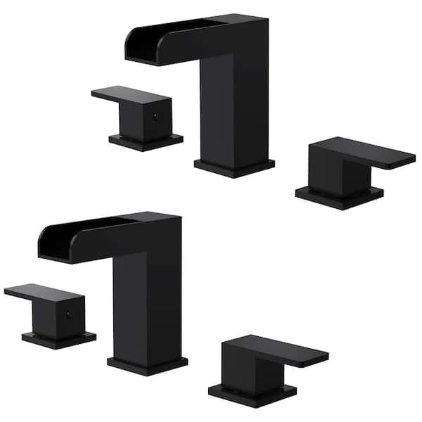 EVERSTEIN Waterfall Open Spout 8 in. Widespread 2-Handle Bathroom Sink Faucet in Spot Resist Matte Black Drain Included(2-Pack)