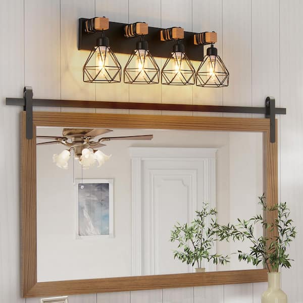 24 in 4 Light black Grain Finish Vanity Light Fixture Bathroom Over Mirror Wall Light Wooden Accents Cage shade Bathroom