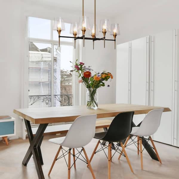6-Light Modern Brass Gold Chandelier Light, Black Hanging Pendant Linear Hanging Ceiling Light with Seeded Glass