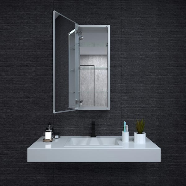 15 in. W x 36 in. H Rectangular Silver Aluminum Recessed/Surface Mount Medicine Cabinet with Mirror