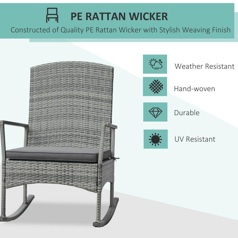 Gray PE Rattan Rocking Chair Set with Cushions and Wood Table
