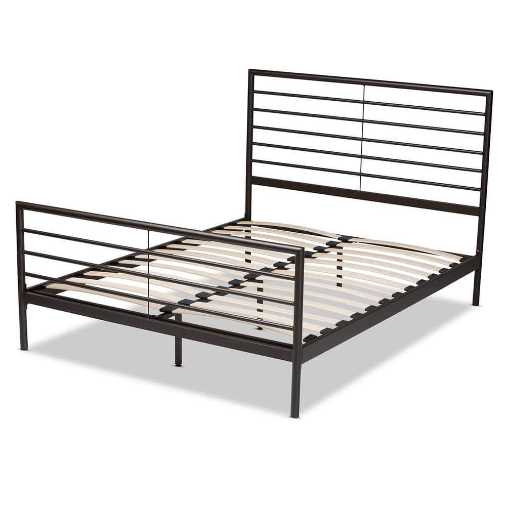 Alva Industrial Black Metal Full Bed with Wood Slats and Open Headboard