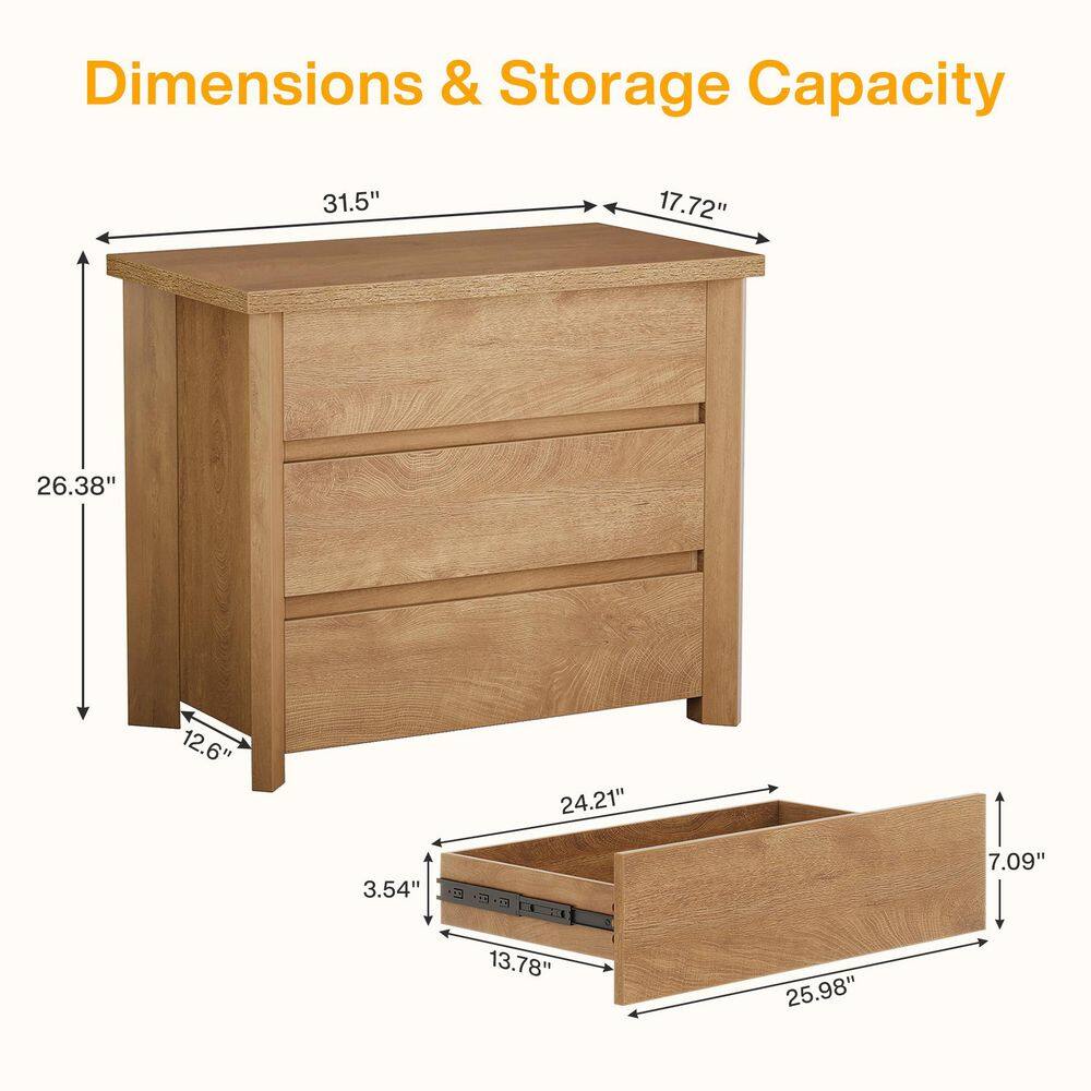 Fenley Light Brown Oversized Nightstands, 3-Drawer 31.5 in. Bedside Table, Large Nightstands for Bedroom, 2 Pieces - thumbnail 3