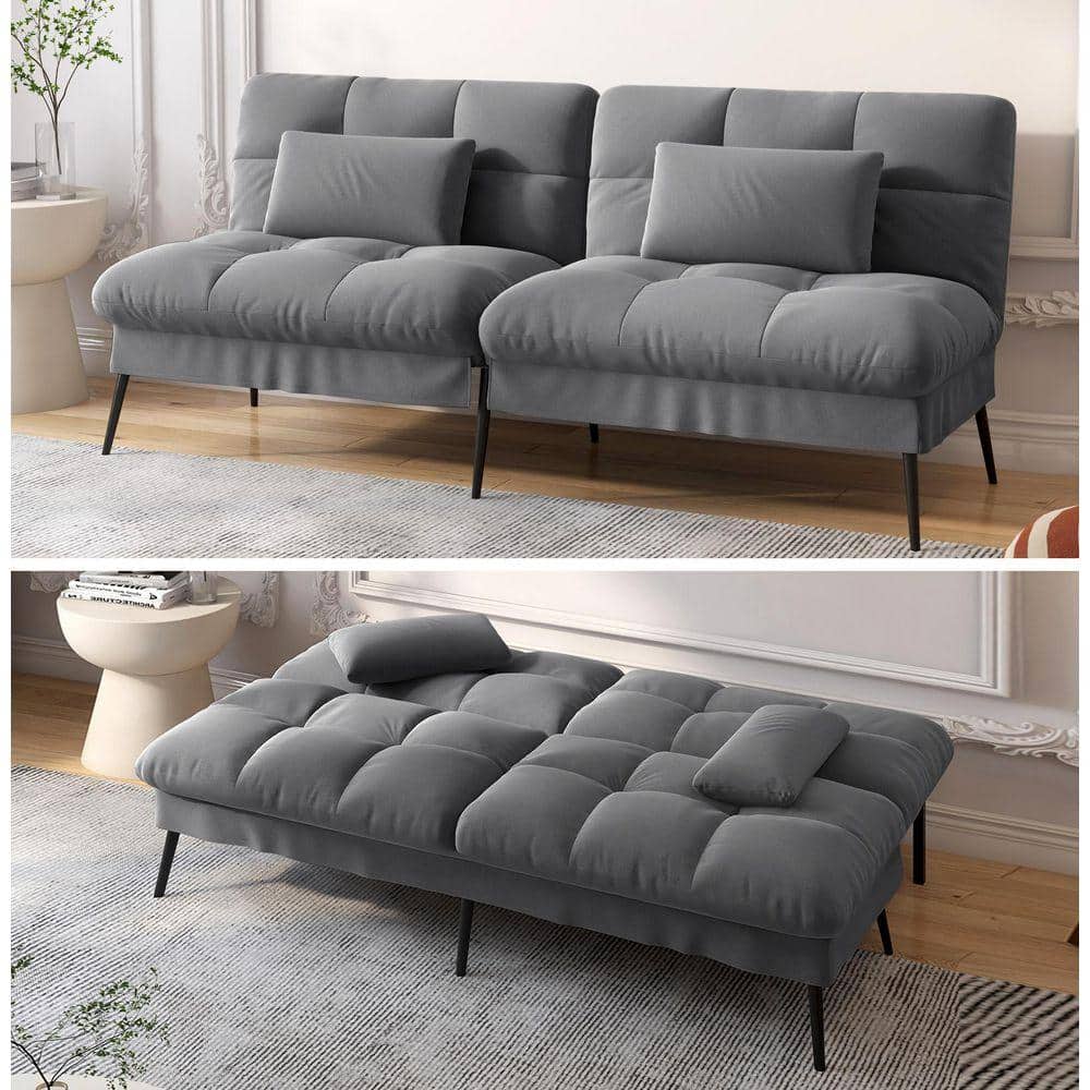 ComHoma Gray Fabric Futon Couch with Adjustable Backrest Convertible Futon Sofa Bed with Metal Legs Convertible Sofa Bed D-D0102HH7SUT