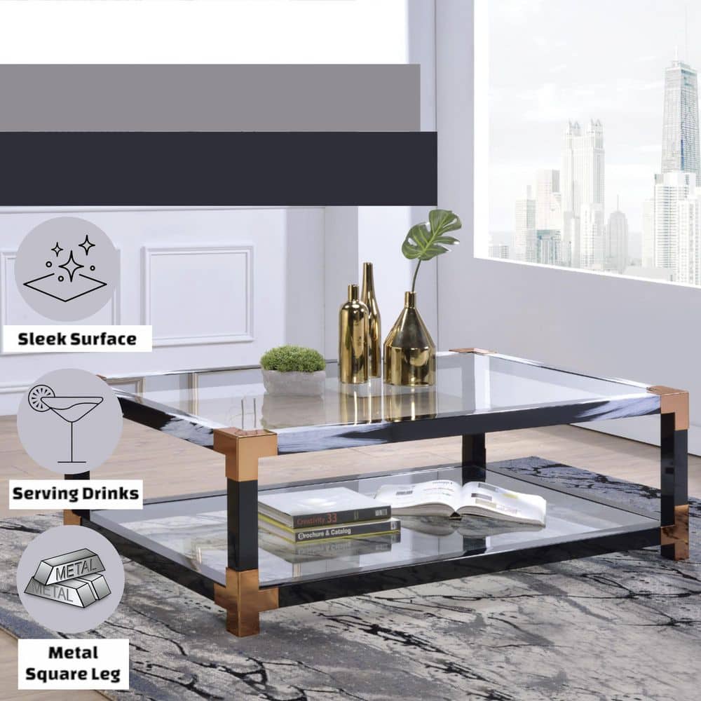 Black and Gold Rectangular Glass Coffee Table with Storage Shelf