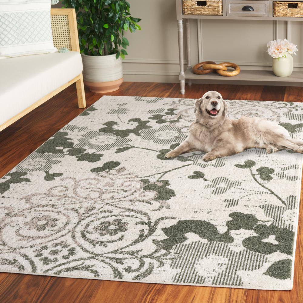 Ivory and Dark Green Floral Square Area Rug, 6' x 6'