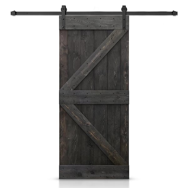 CALHOME Distressed K Series 32 in. x 84 in. Charcoal Black Stained DIY Wood Interior Sliding Barn Door with Hardware Kit