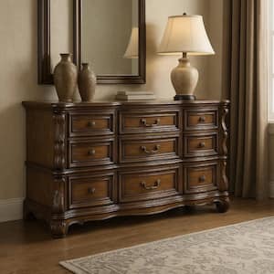 laila slate brown dresser Benjara Lyla Rustic Oak Brown and Brass 7 Drawer 64 in. Dresser without  Mirror BM340243