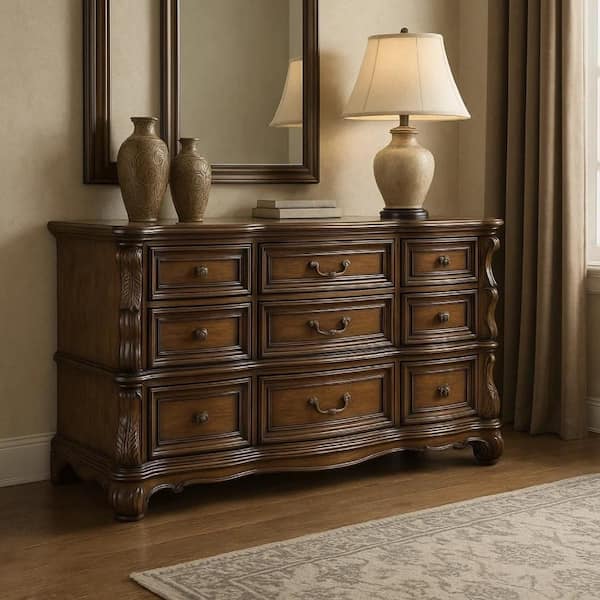 Leova Dark Brown and Bronze 9 Drawer 68.5 in. Dresser without Mirror
