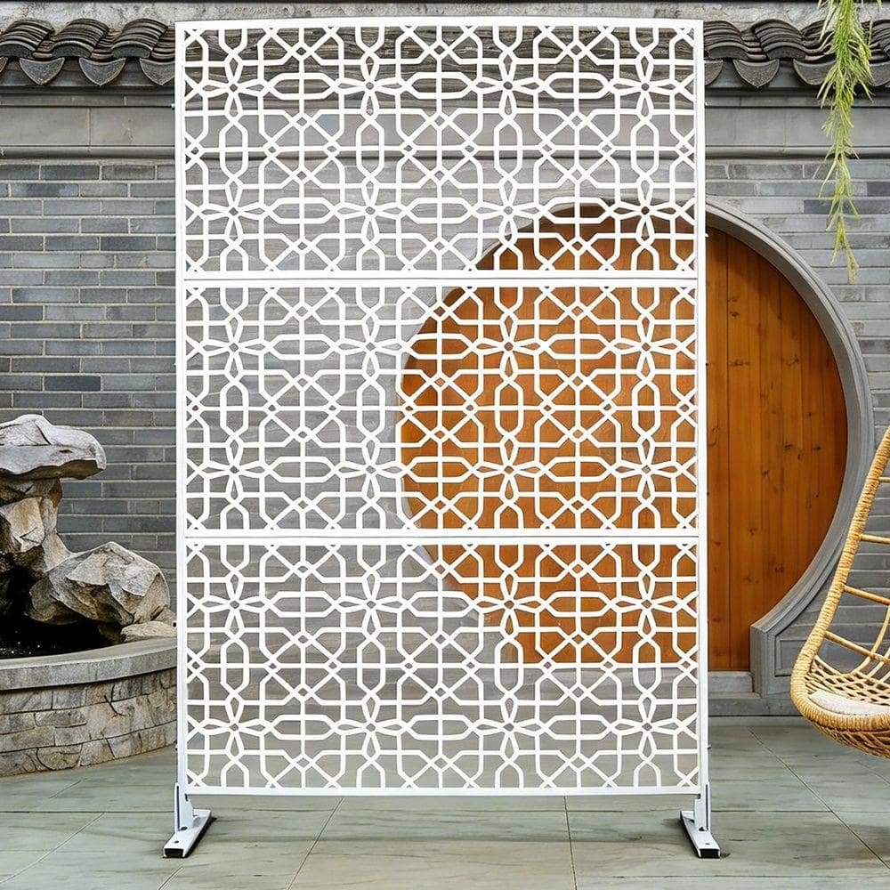 76 in. x 48 in. Freestanding Decorative Privacy Screen White Metal for Outside Lawn Garden