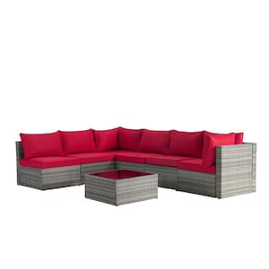 7-Piece Wicker Outdoor Patio Conversation Set with Red Cushions and Tempered Glass Coffee Table