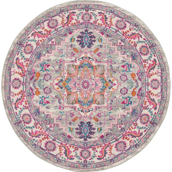 Nourison Passion Light Grey/Pink 5 ft. x 5 ft. Persian Medallion Transitional Round Area Rug