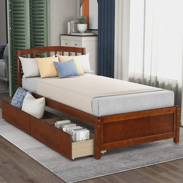 Walnut Twin Size Wood Platform Bed with Two Drawers, Solid Kids Captain Platform Bed Frame, No Box Spring Needed