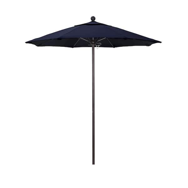 7.5 ft. Bronze Aluminum Commercial Market Patio Umbrella with Fiberglass Ribs and Push Lift in Navy Blue Sunbrella