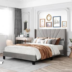 Gray Wood Frame Queen Size Velvet Upholstered Platform Bed with Additional Bed Legs