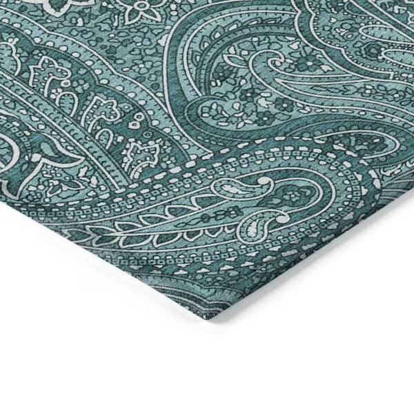 Teal Blue, Aqua, Ivory 3 ft. x 5 ft. Woven Paisley Polyester Rectangle Indoor/Outdoor Area Rug