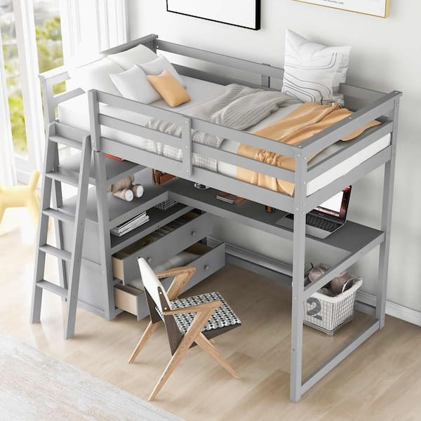 Polibi Twin Size Loft Bed with Desk and Shelves, 2-Built-in Drawers, Gray
