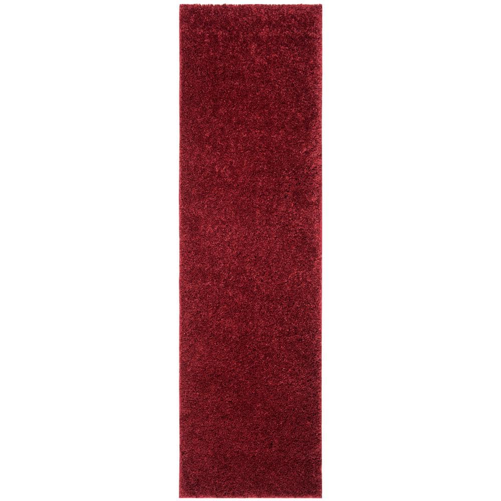 Burgundy Hand-Knotted Shag Runner Rug, 2'3" x 6'