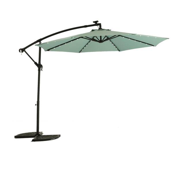 Unbranded 10 ft. Steel Solar LED Cantilever Offset PatioUmbrella with Crank, Cross Base for Backyard, Deck, Pool,Lawn in Navy Blue