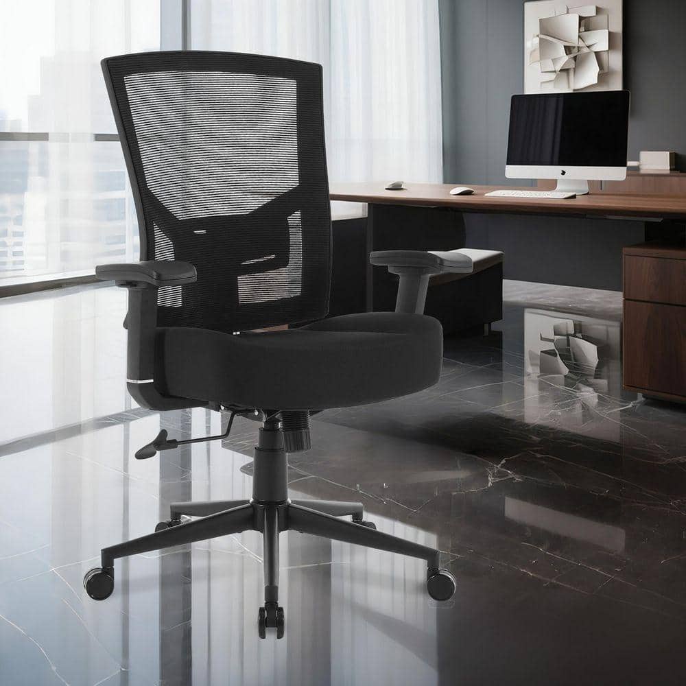 Wide Cushion Mesh Desk Task Chair, 600 lbs. Load, Lumbar Support in Black