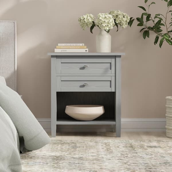 Simpli Home Warm Shaker Solid Wood 24 in. Wide Transitional Bedside Nightstand Table in Fog Grey with 2 Drawers