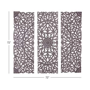 Wood Gray Handmade Intricately Carved Floral Wall Decor with Mandala Design (Set of 3)