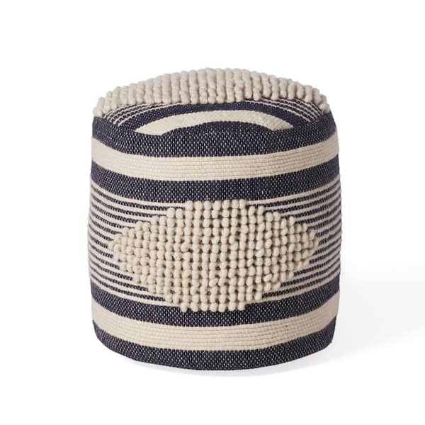 Noble House Volney White and Denim Blue Cylinder Pouf