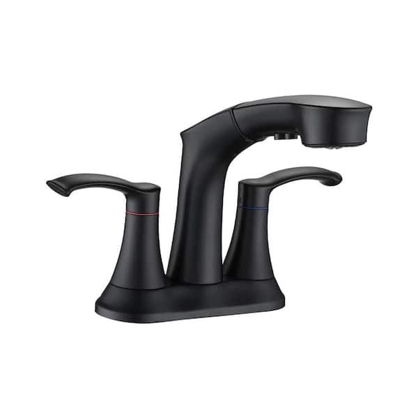 Dyiom Bathroom Faucet with Pull Out Sprayer, 2 Handle 4 in. Faucet Utility Sink Faucet, Matte Black