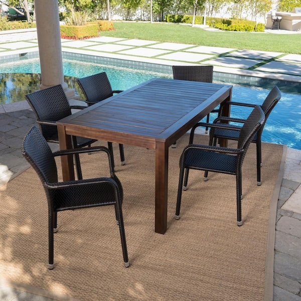 Noble House Aloha Multi-Brown 7-Piece Faux Rattan Outdoor Dining Set