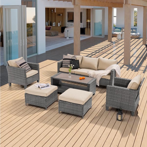 6-Piece Patio Sofa Set Gray Wicker Outdoor Furniture Set with Coffee Table, Linen Flax Beige