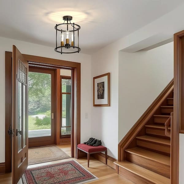 14.8 In. 3-Light Semi-Flush Mount Ceiling Light Fixture, Matte Black and Gold Finish, E26 Base, Bulbs Not Included