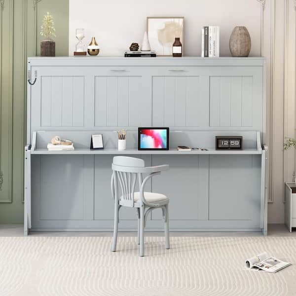 Harper & Bright Designs Gray Wood Frame Queen Size Murphy Bed with a Storage Shelf