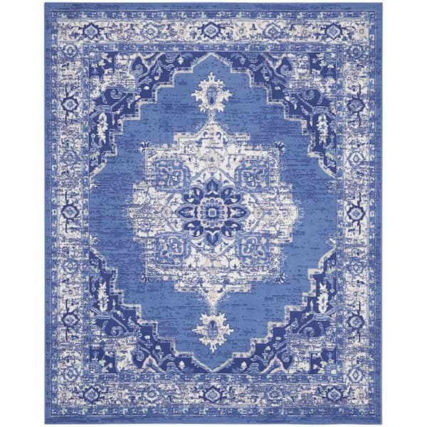8 ft. x 10 ft. Blue and Beige Floral Medallion Distressed Non Skid Area Rug