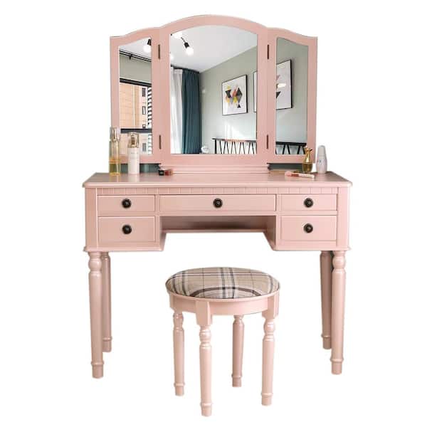 Karl home 3-Fold Pink Square Mirror 5-Drawers Vanity Set