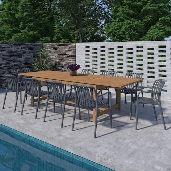 Amazonia Takamaka 11-Piece Teak Finish Wood 100% FSC Rectangular Patio Dining Set Grey
