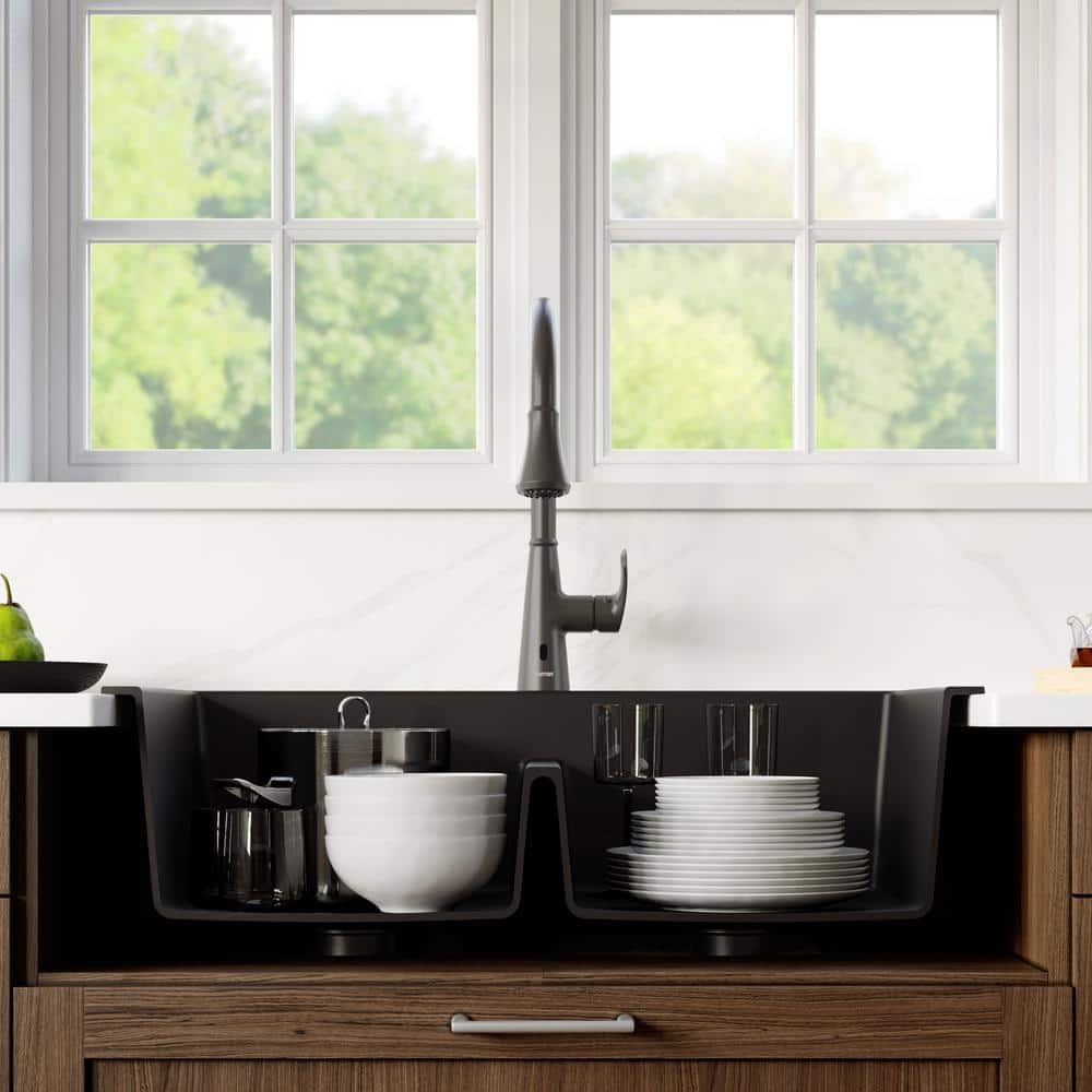 Black Quartz Double Bowl Top Mount Kitchen Sink