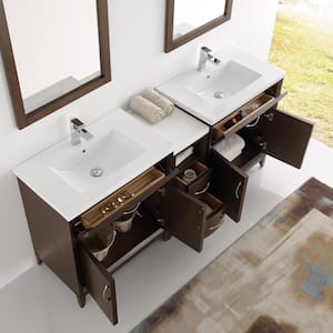Cambridge 70 in. Vanity in Antique Coffee with Porcelain Vanity Top in White with White Ceramic Basins and Mirror