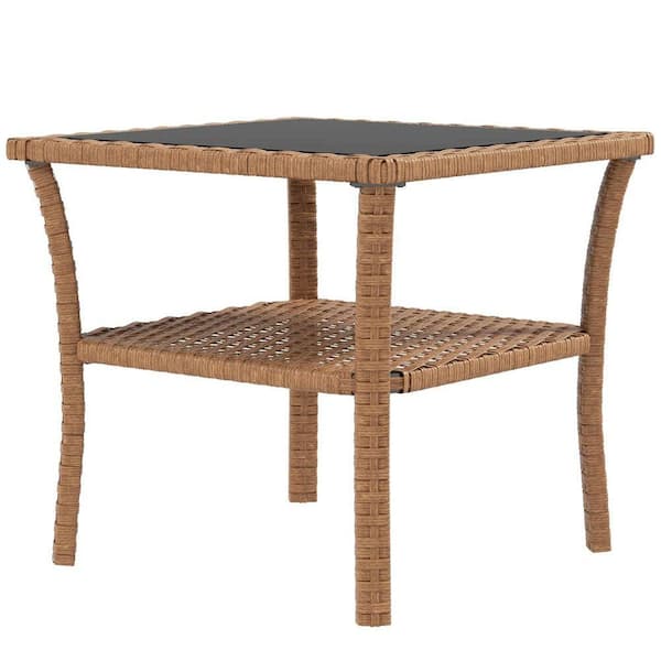 Outdoor Square Coffee Table, 2-Tier Glass Top Rattan Side Table with Storage
