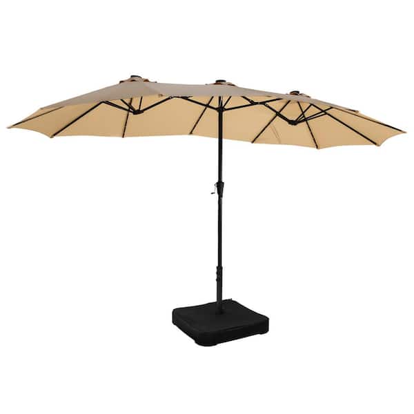 OVASTLKUY 15 ft. Market Double Sided Crank Patio Umbrella with Base and Solar LED Lighted in Khaki