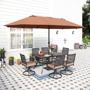 8-Piece Metal Patio Outdoor Dining Set with Bull's Eye Pattern Swivel Chairs with Beige Cushions and Beige Umbrella