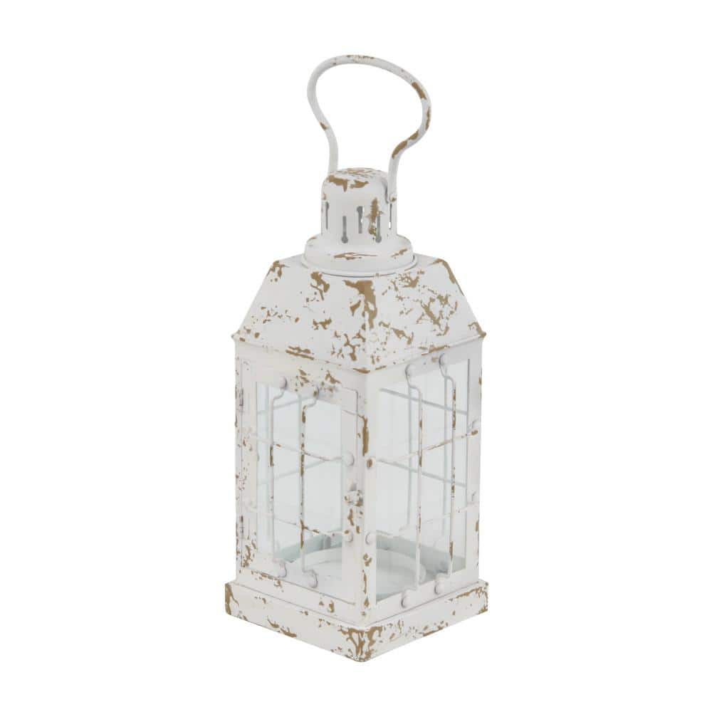 Vintage White Metal Candle Lantern with Distressed Finish - 7"x14"