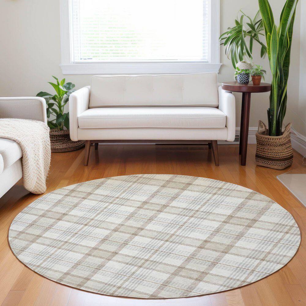 Chantille Linen and Synthetic Round Plaid Washable Rug