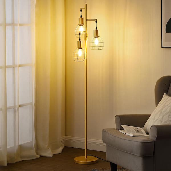 65 in. Gold Metal 3-Light Dimmable Tree Floor Lamp for Living Room with Metal Cage Shade 3-Bulbs Included